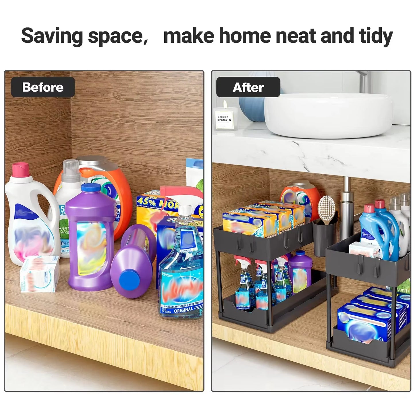 2 Tier Sliding Drawer under Sink Storage Organizer Shelf Multipurpose Holder Rack for Kitchen Cabinet Bathroom Home Accessories